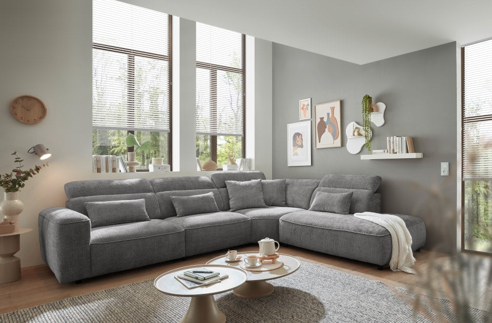 Ecksofa Mansfield Farbe grey mit 5-fach verstellbaren Kopflehnen und Mikrofaser-Chenille-Bezug – ED Exciting Design