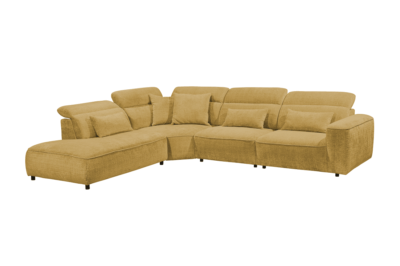 Ecksofa Mansfield Farbe gold mit 5-fach verstellbaren Kopflehnen und Mikrofaser-Chenille-Bezug – ED Exciting Design