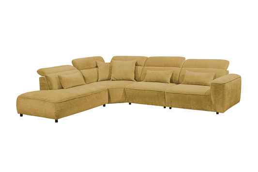 Ecksofa Mansfield Farbe gold mit 5-fach verstellbaren Kopflehnen und Mikrofaser-Chenille-Bezug – ED Exciting Design