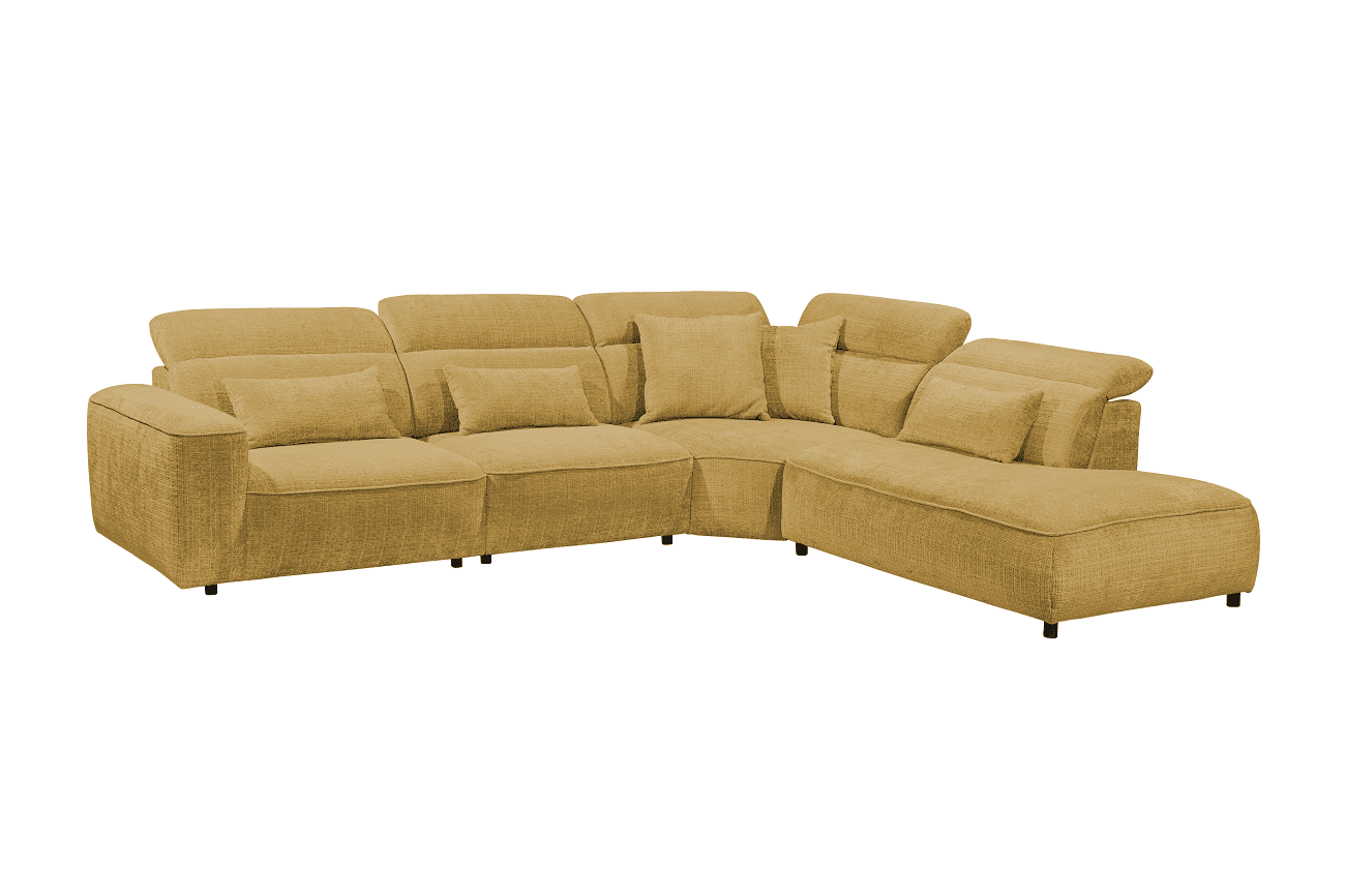 Ecksofa Mansfield Farbe gold mit 5-fach verstellbaren Kopflehnen und Mikrofaser-Chenille-Bezug – ED Exciting Design