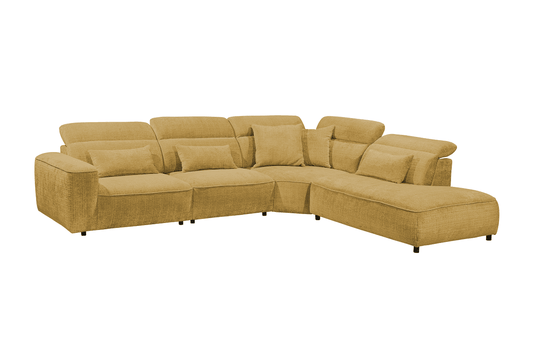Ecksofa Mansfield Farbe gold mit 5-fach verstellbaren Kopflehnen und Mikrofaser-Chenille-Bezug – ED Exciting Design