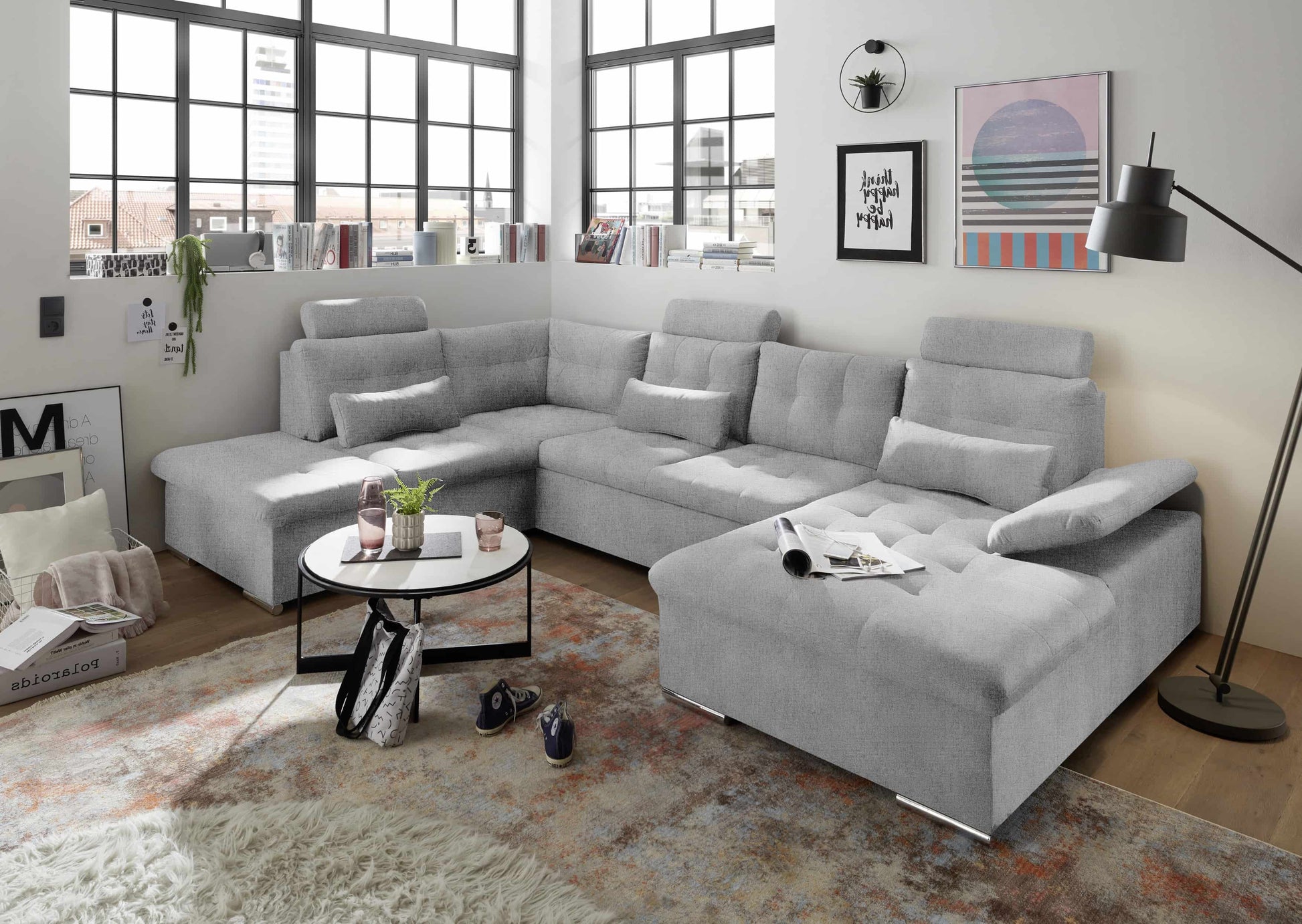 U-Form Wohnlandschaft Schlaffunktion - Hellgrau - Medan XXL