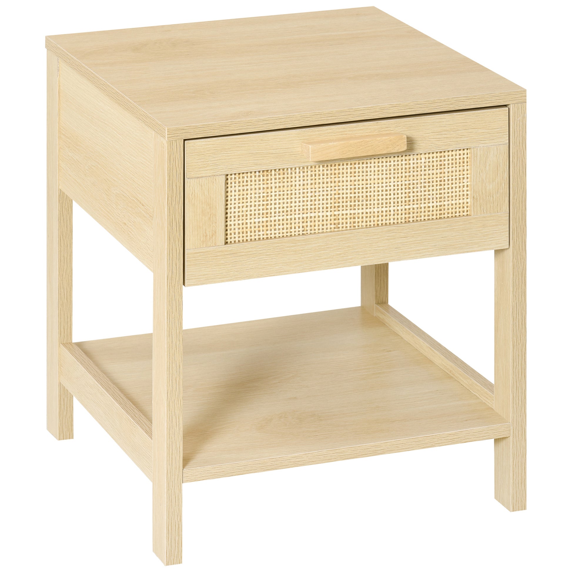 HOMCOM Nachttisch Nachtschrank Beistelltisch natürlicher Nachtkommode mit Schublade offenen Ablage Rattan-Design MDF Natur 40 x 40 x 48 cm   Aosom