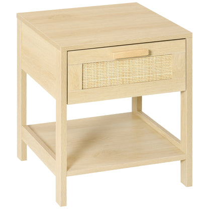 HOMCOM Nachttisch Nachtschrank Beistelltisch natürlicher Nachtkommode mit Schublade offenen Ablage Rattan-Design MDF Natur 40 x 40 x 48 cm   Aosom