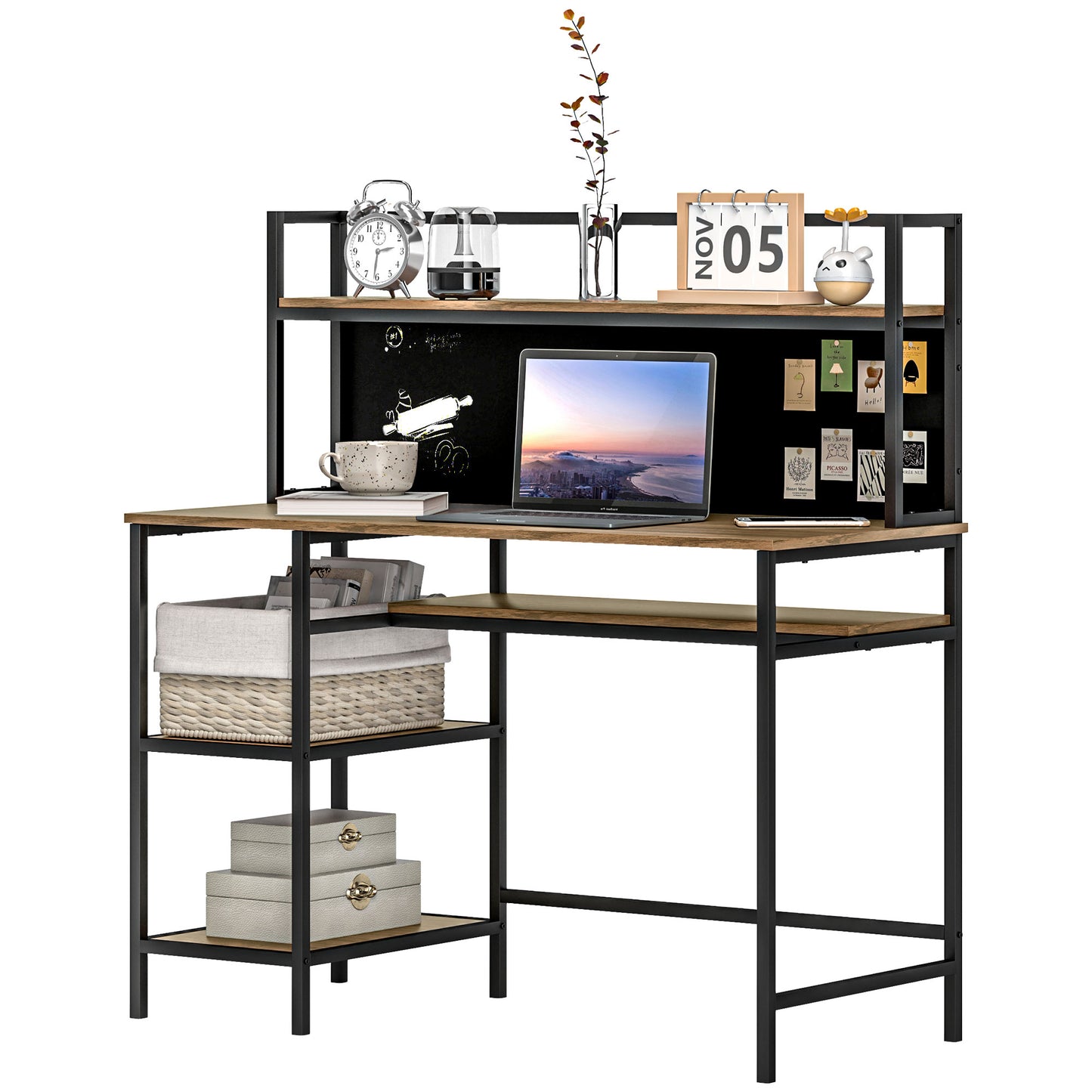 HOMCOM Schreibtisch mit Stauraum, Computer-Schreibtisch mit 4 Regalen, großer Arbeitsplatte und schwarzer Tafel für Wohnzimmer Schlafzimmer Home-Office 120L x 53B x 126H cm, Braun und Schwarz   Aosom