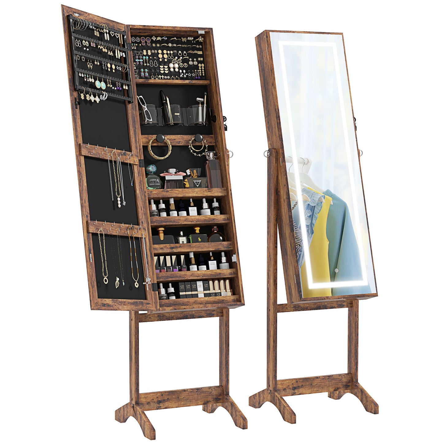 HOMCOM Schmuckschrank LED mit Standspiegel Schmuckaufbewahrung mit Touchscreen-Beleuchtung Braun   Aosom