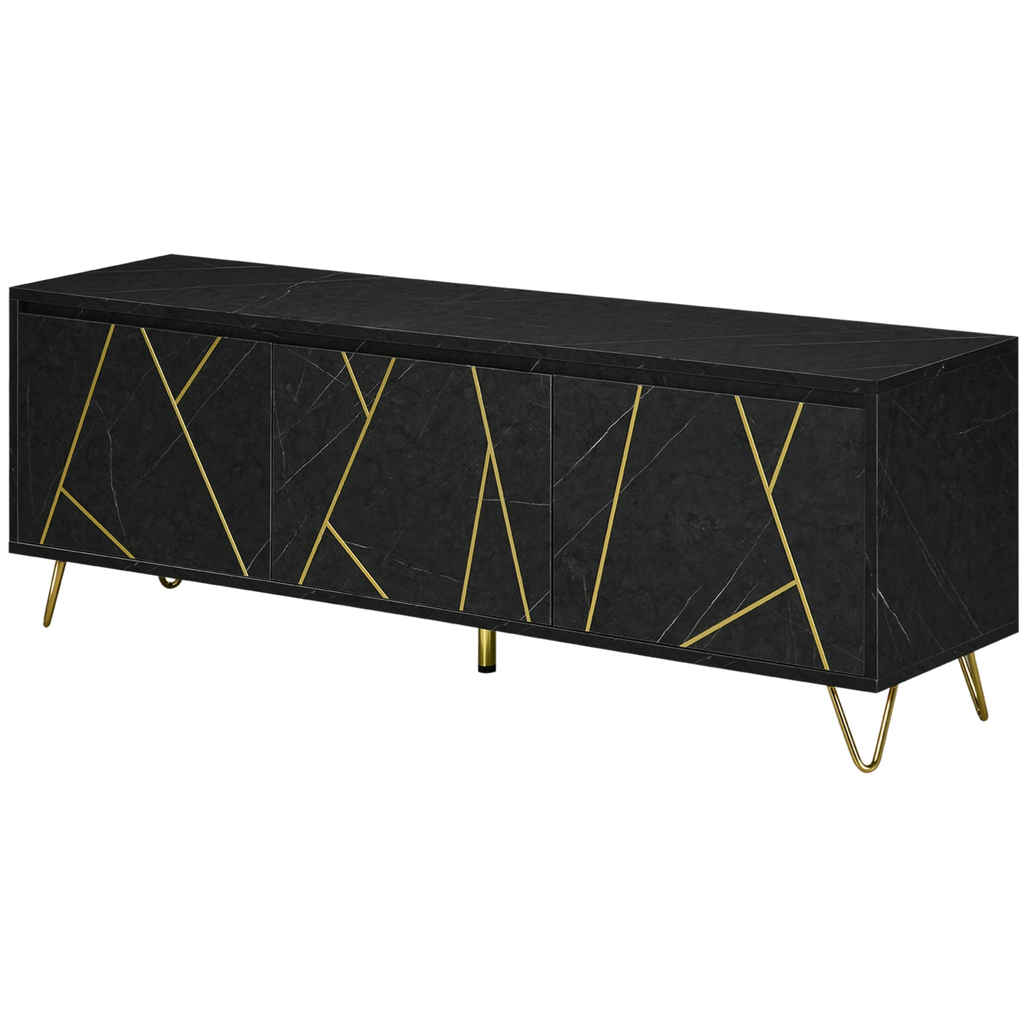 HOMCOM TV-Möbel TV-Bank bis zu 65 Zoll Länge 147 cm marmorierte Effektstruktur 2 Schränke 3 Türen mit Dämpfung verstellbare Regale Kabeldurchführung Belastbarkeit 100 kg - 147 x 35 x 52 cm - Metallbeine   Aosom