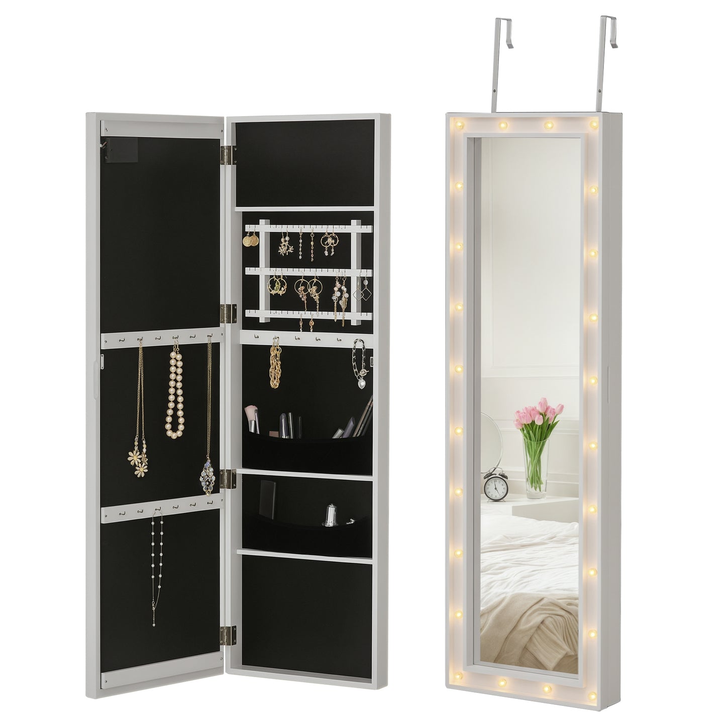 HOMCOM Spiegelschrank LED Schmuckschrank Aufhängbarer Türmontage MDF Weiß 36,6 x 8 x 120 cm   Aosom