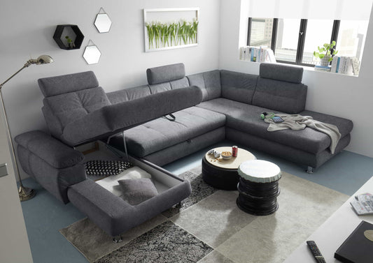 Wohnlandschaft Alba von ED Exciting Design mit Schlaffunktion &amp; Bettkasten – U-Form Sofa aus hochwertigem Brego-Stoff