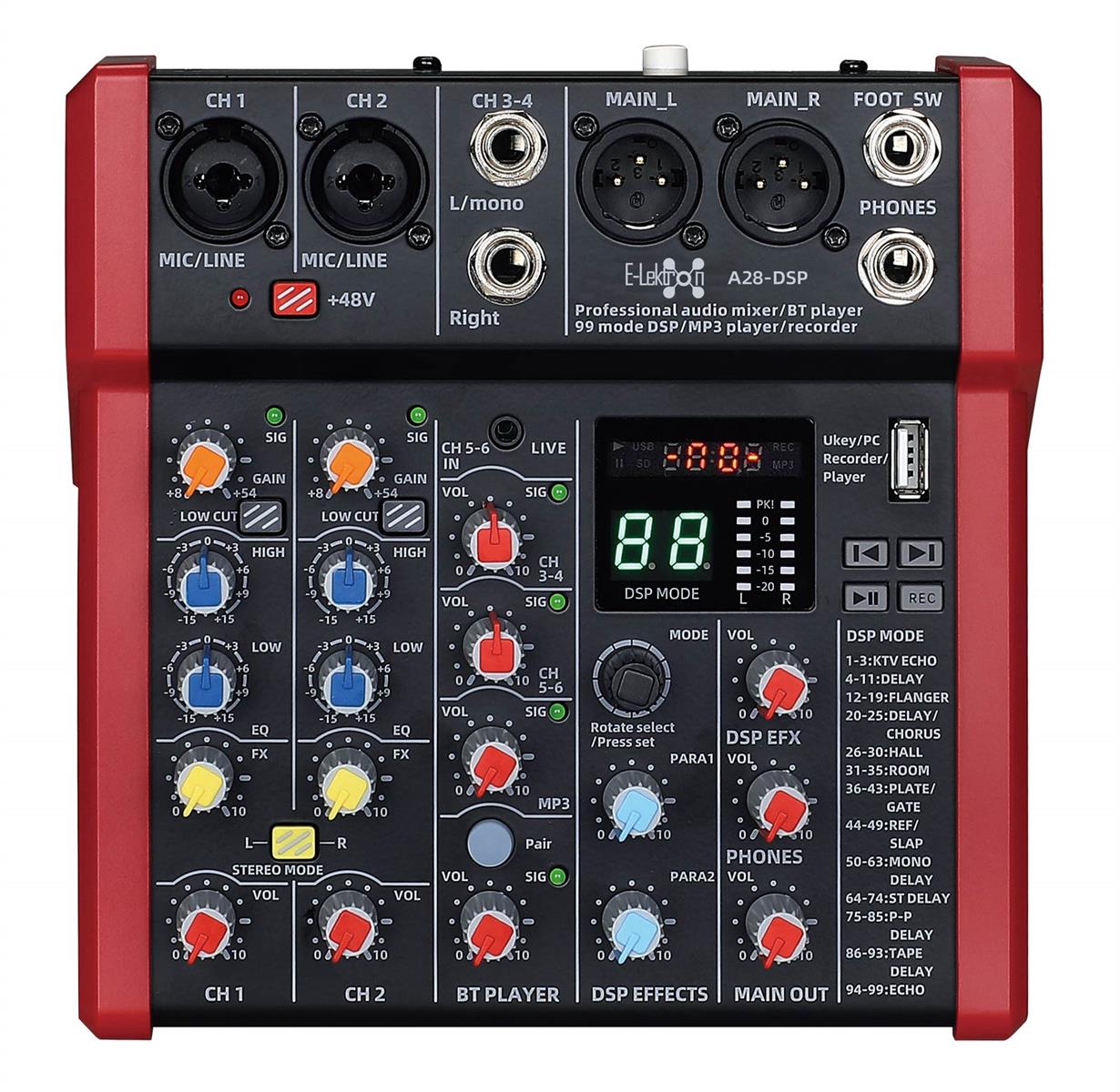 EL172632 E-Lektron A28-DSP Live Mischpult 2-Kanal + Stereo AUX/BT USB-Interface