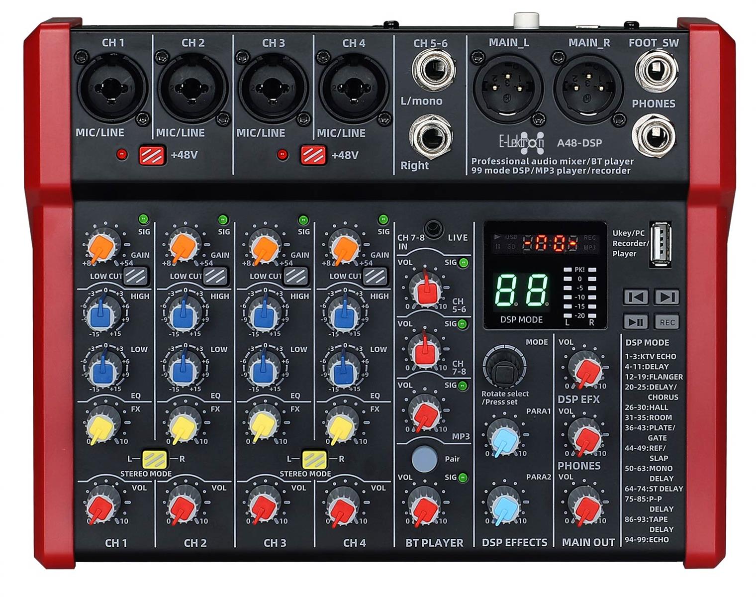 EL172635 E-Lektron A48-DSP Live Mischpult 4-Kanal + Stereo AUX/BT USB-Interface