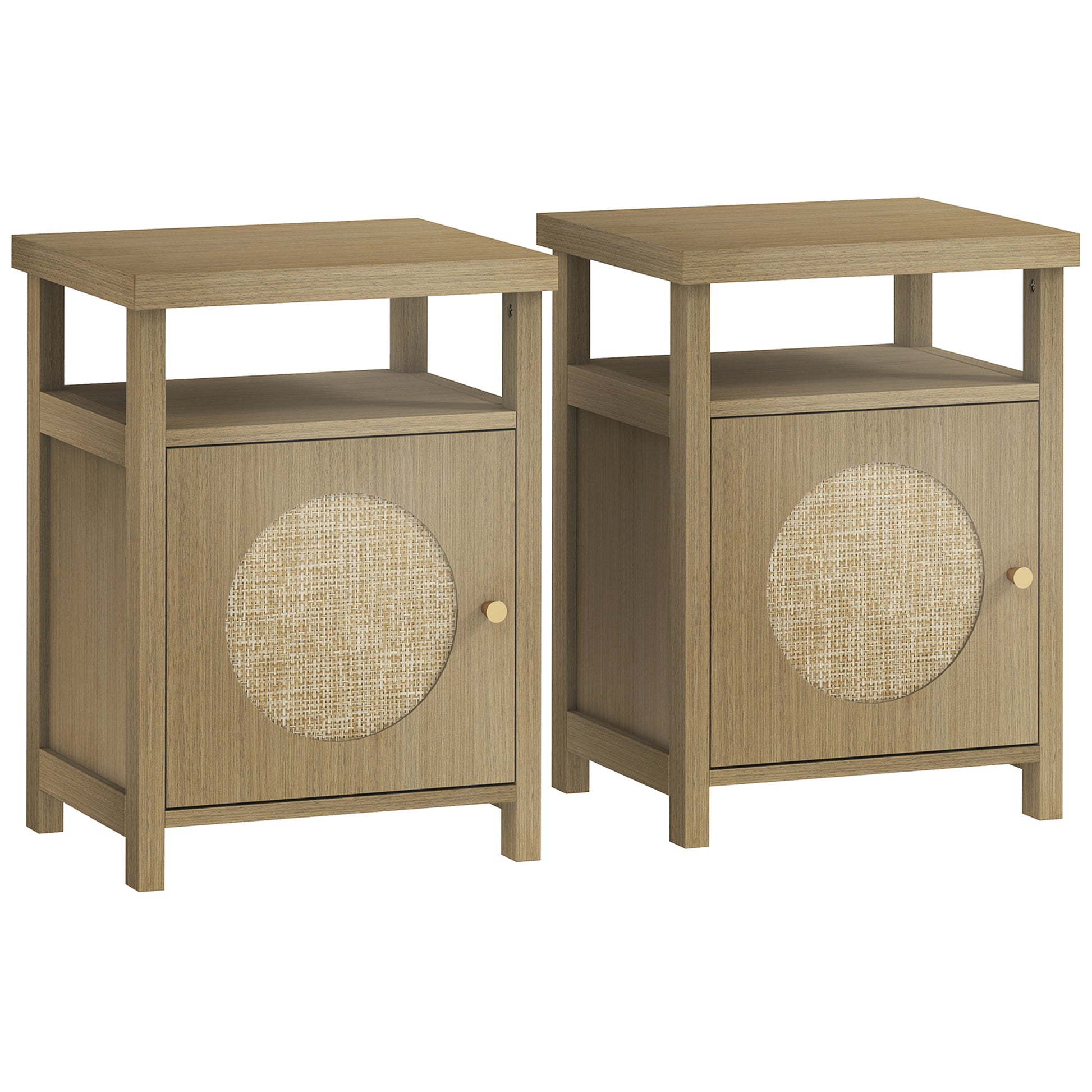 HOMCOM Set aus 2 schmalen Nachttischen, Beistelltisch mit offenem Fach und 1 Schrank, Rattan-Finish, Bohème-Stil, für Schlafzimmer, Wohnzimmer, 40 x 35 x 55 cm, braune Holzoptik   Aosom