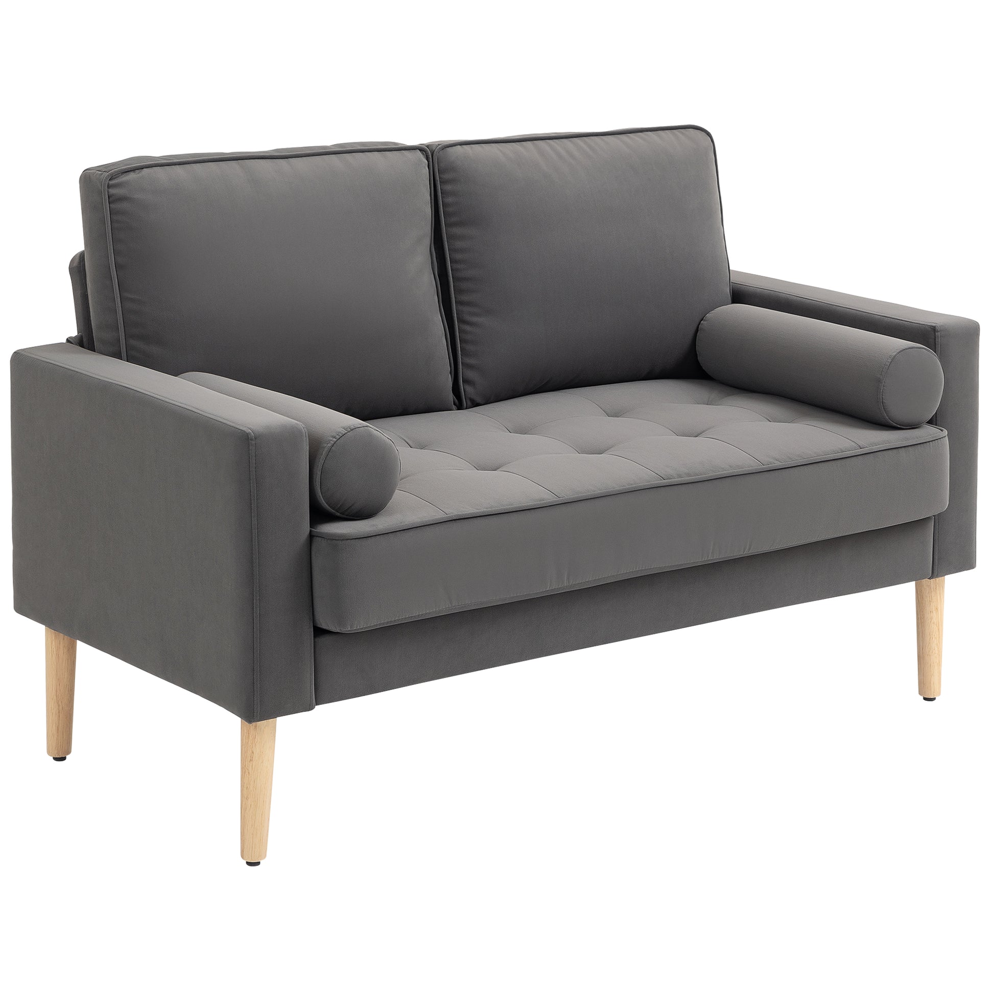HOMCOM 2-Sitzer-Sofa modernes Samt 127 cm, dicke Federkissen, Kautschukholzbeine, 2 Zierkissen und geknöpfte Sitzfläche, Zweisitzer für Wohnzimmer, Schlafzimmer, kleinen Raum, Grau   Aosom