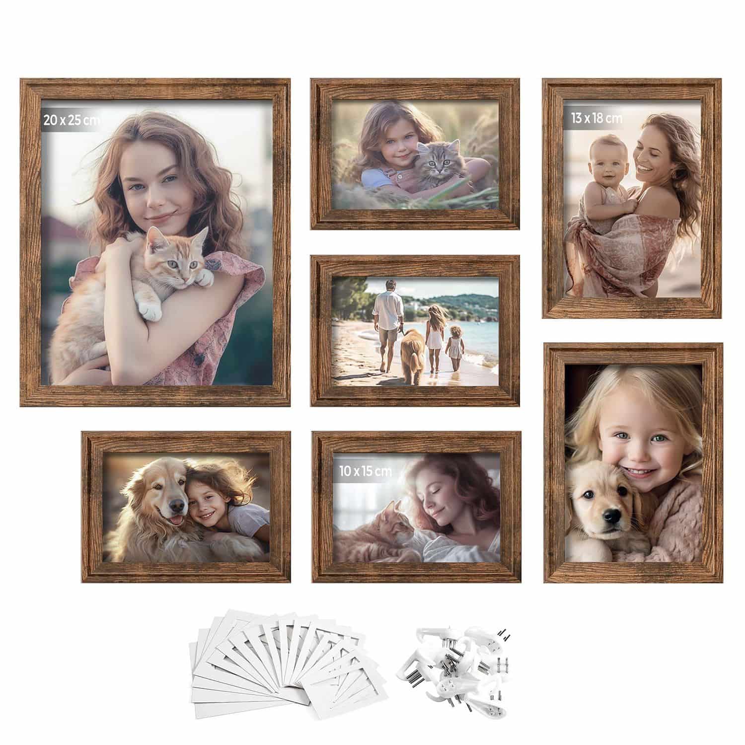 Bilderrahmen 7er Set mit spurenlosen Wandhaken vintagebraun