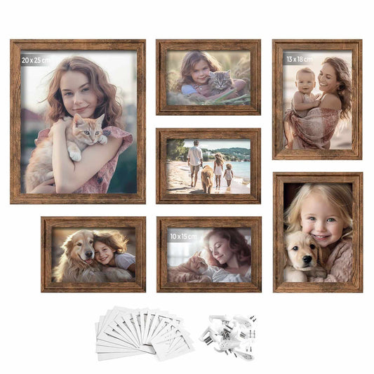 Bilderrahmen 7er Set mit spurenlosen Wandhaken vintagebraun