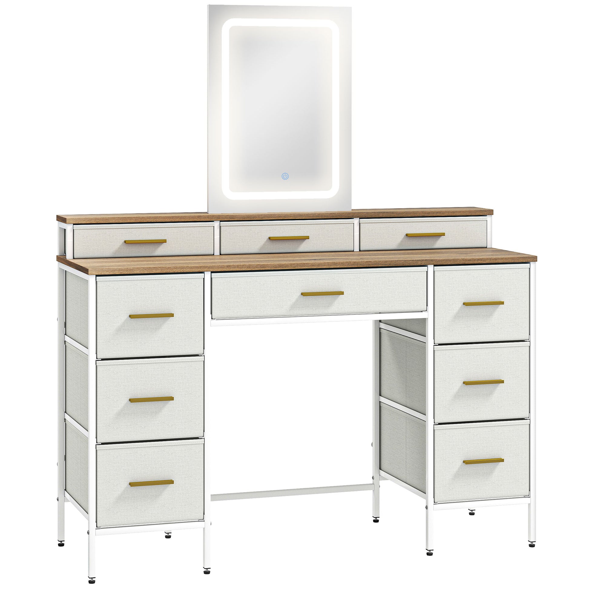 HOMCOM Schminktisch mit Spiegel und 3‑farbiger LED-Beleuchtung, Schminktisch mit 10 Stoffschubladen, Stahlbeinen, moderner Stil, 118,5 x 39,5 x 140 cm, Naturholzoptik   Aosom