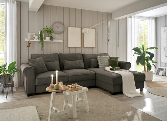 Ecksofa Angelina - Schlafsofa mit Bettkasten und Nosagfederung in Breitcord - ED Exciting Design