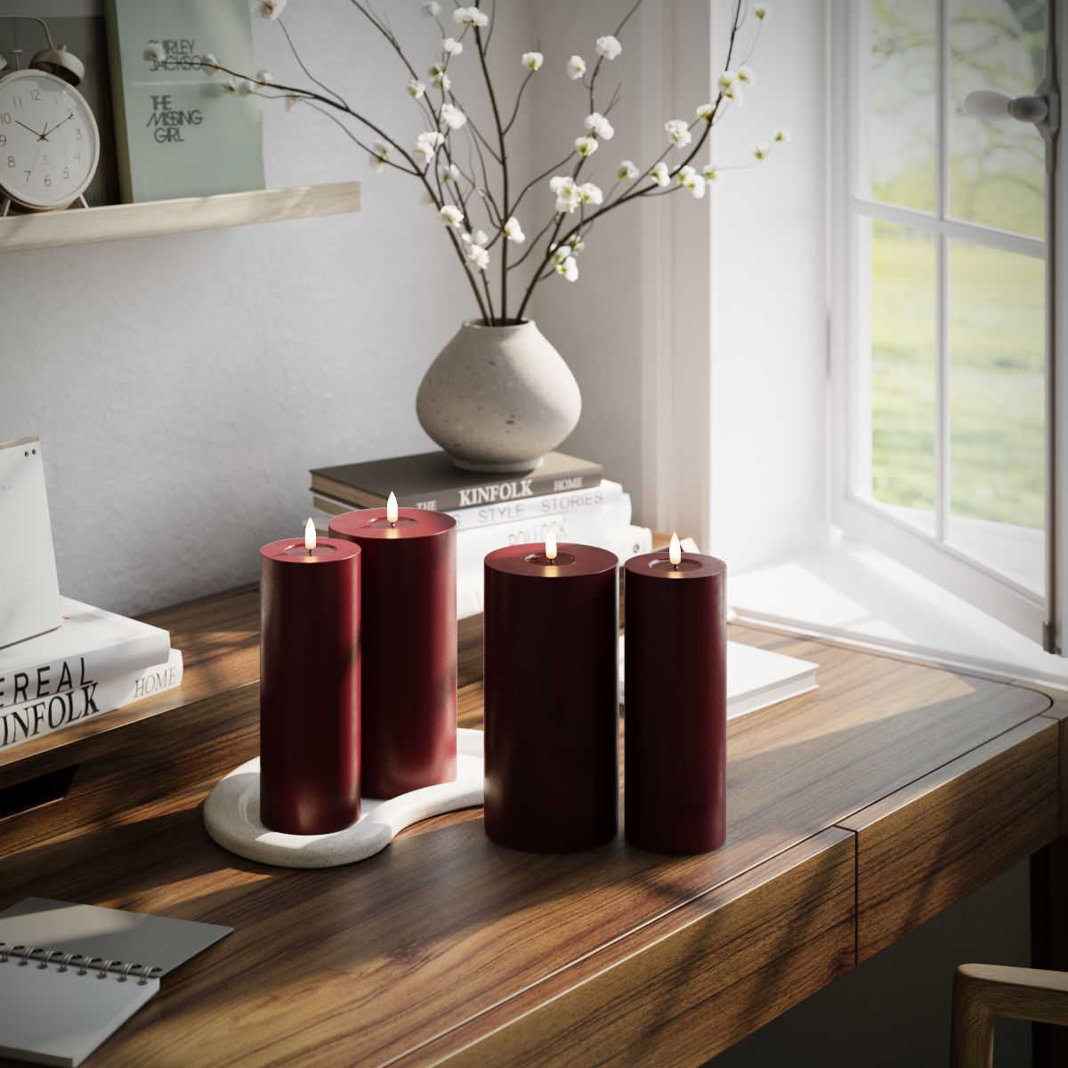LED-Blockkerzen-Set – Burgunderrot – 2x 7,5 x 20 | 2x 10 x 20 cm