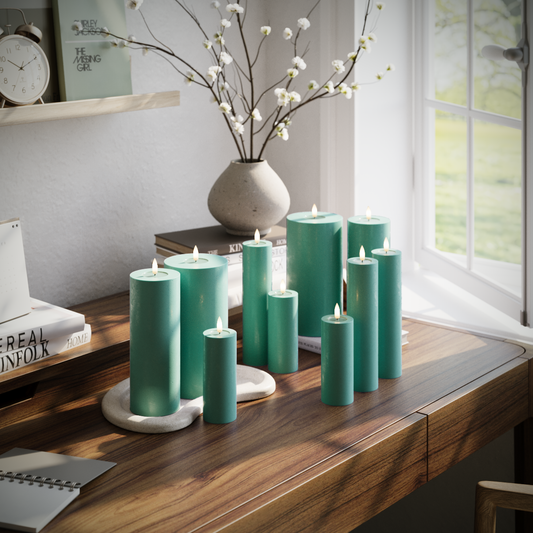 LED-Blockkerzen-Set – Jadegrün – 3x 5 x 20 | 3x 5 x 12,5 | 2x 7,5 x 20 | 2x 10 x 20 cm