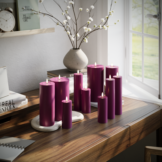LED-Blockkerzen-Set – Violett – 3x 5 x 20 | 3x 5 x 12,5 | 2x 7,5 x 20 | 2x 10 x 20 cm