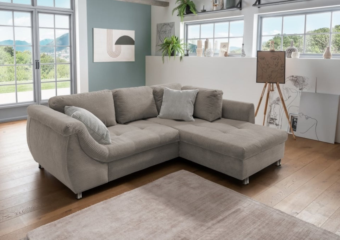 Stylisches Ecksofa Agira mit Schlaffunktion in elegantem Cord Stoff – Verschiedene Farben erhältlich