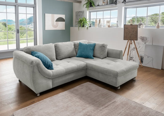 Stylisches Ecksofa Agira mit Schlaffunktion in elegantem Cord Stoff – Verschiedene Farben erhältlich