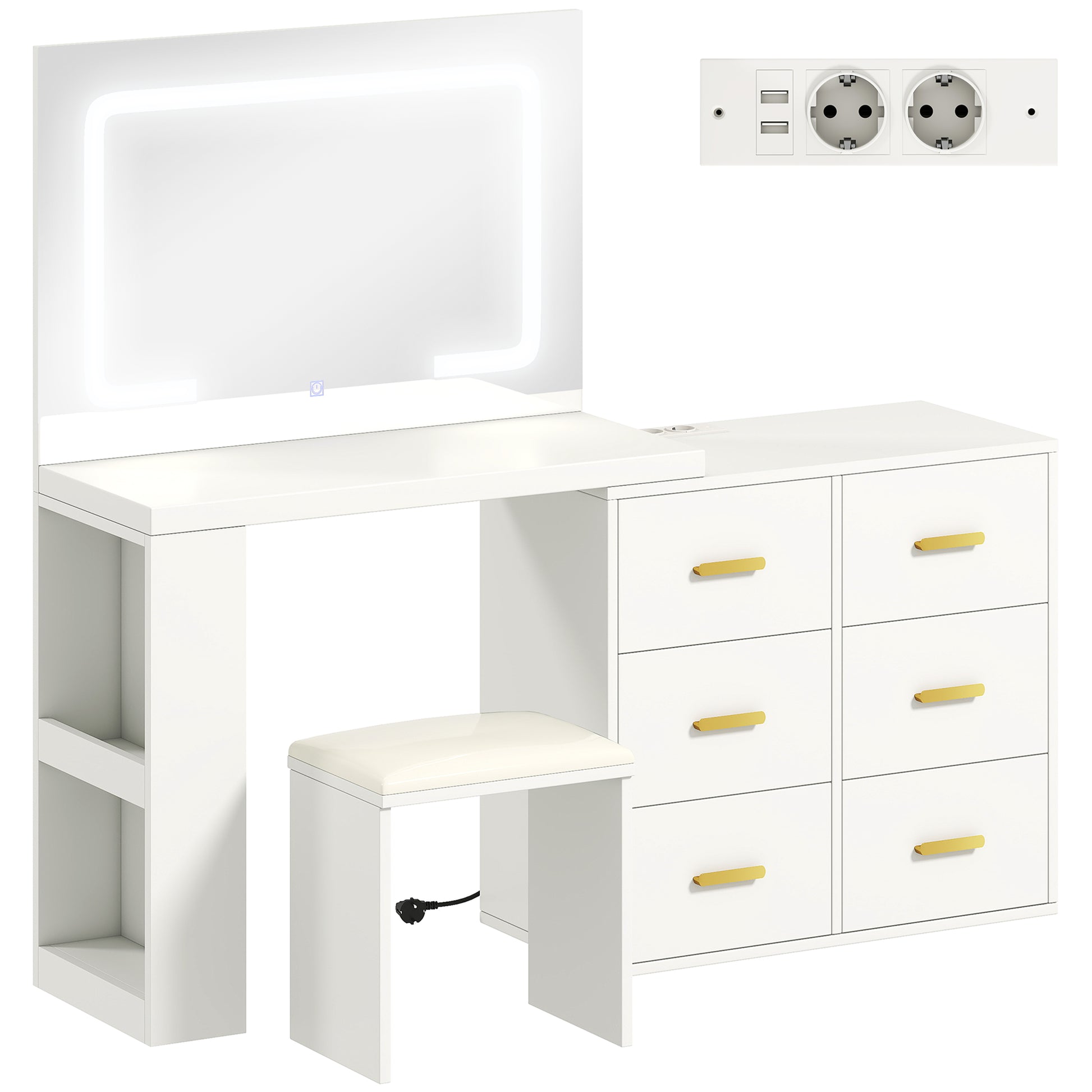 HOMCOM Coiffeuse mit Spiegel und Hocker, einstellbare LED-Beleuchtung mit 3 Farben, 2 USB-Anschlüsse und 2 Steckdosen, Schminktisch mit 6 sanft schließenden Schubladen, 2 offene Regale, gepolsterter Sitz, weiß   Aosom