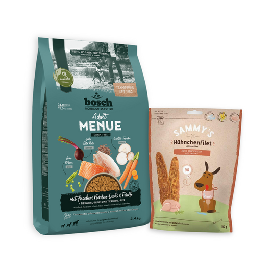 Bosch MENUE Nordsee-Lachs 2,4kg + Sammy´s Snack (Getreidefrei)