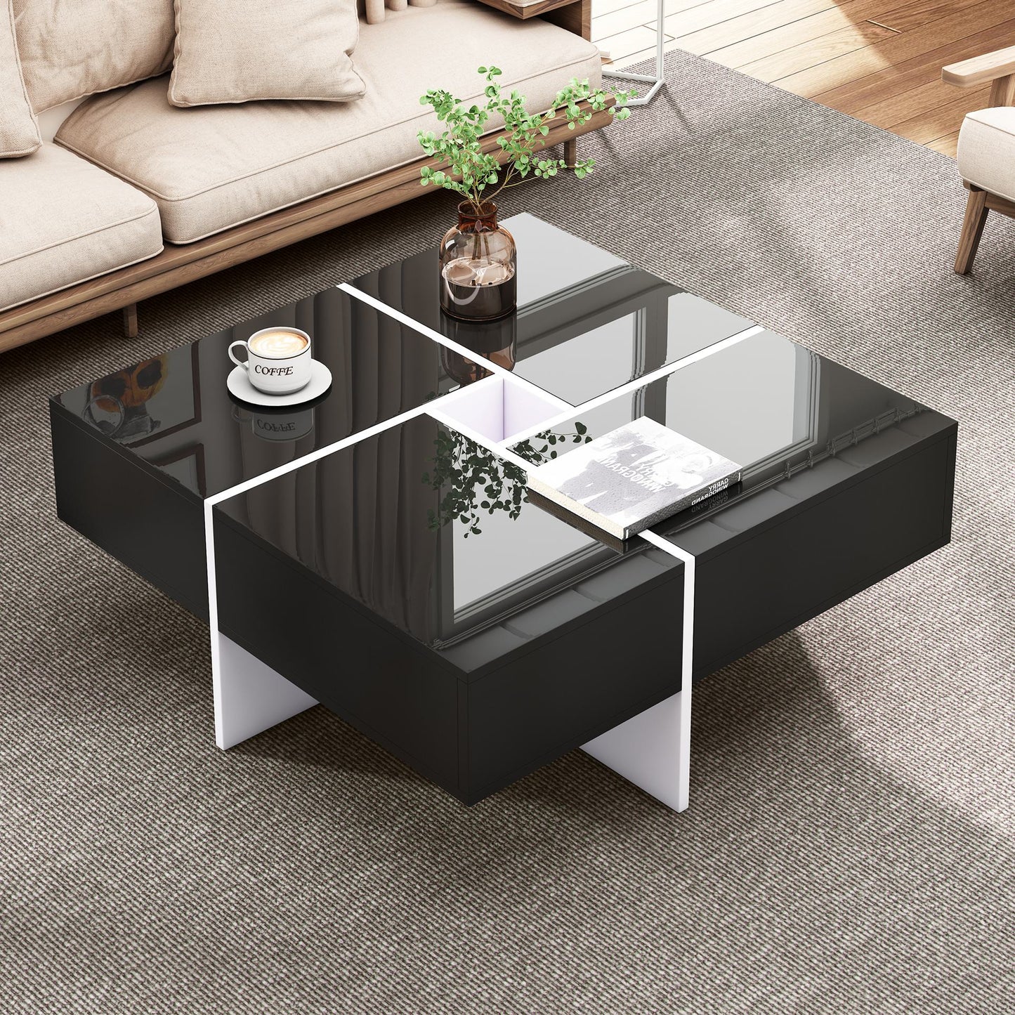 Hochglanz Couchtisch Schwarz Weiss mit 4 Schubladen, 70x70x35 cm, integriertem Staufach, eleganter Design   Aosom.de