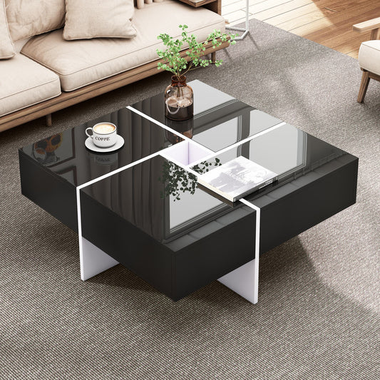 Hochglanz Couchtisch Schwarz Weiss mit 4 Schubladen, 70x70x35 cm, integriertem Staufach, eleganter Design   Aosom.de