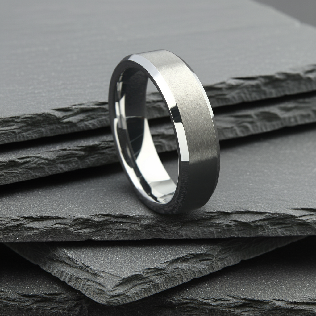 The Andromeda - 6mm Brushed Tungsten Bevelled Edge Ring