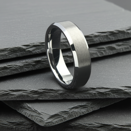 The Andromeda - 6mm Brushed Tungsten Bevelled Edge Ring