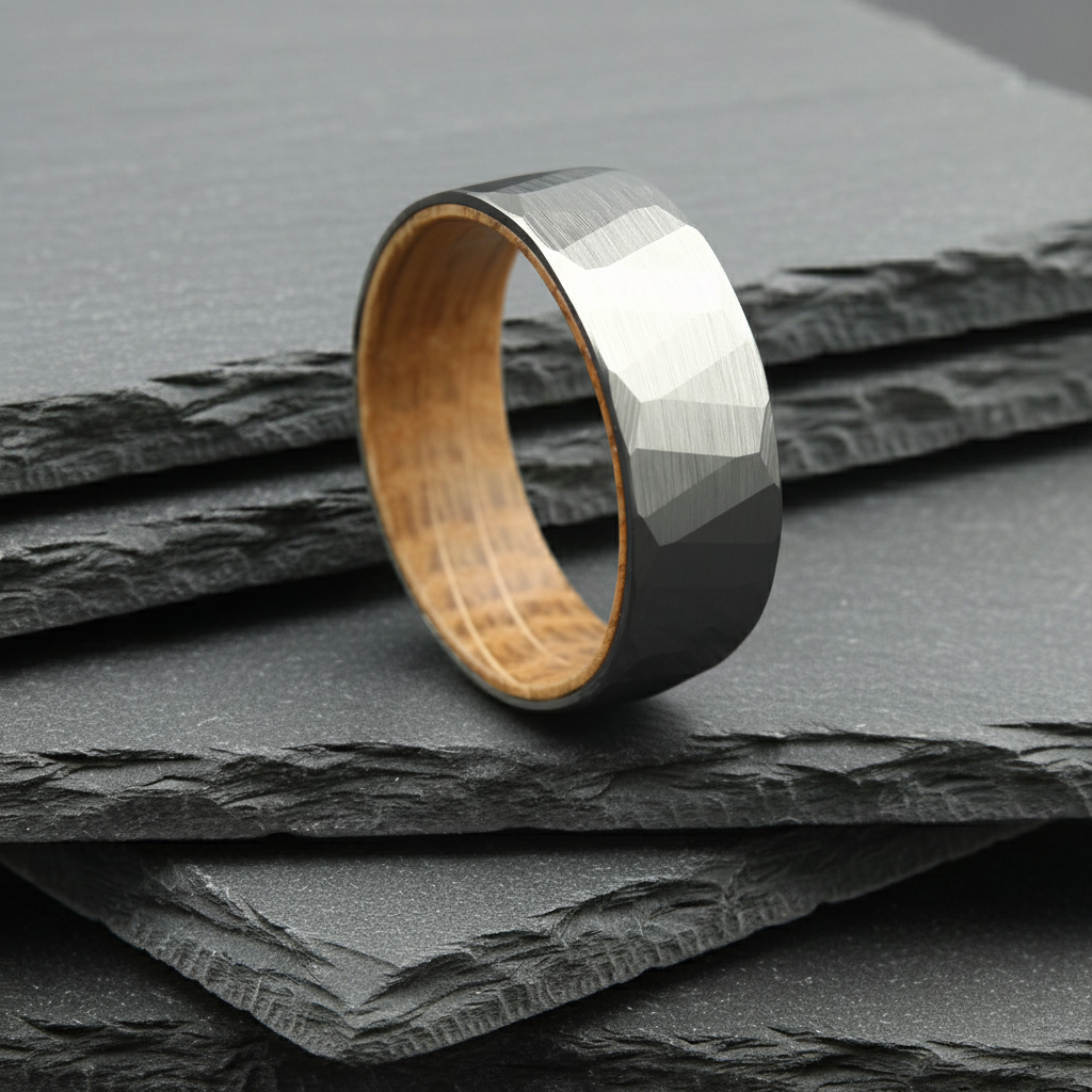 The Leo - 8mm Brushed Hammered Tungsten & Whisky Barrel Wood Ring