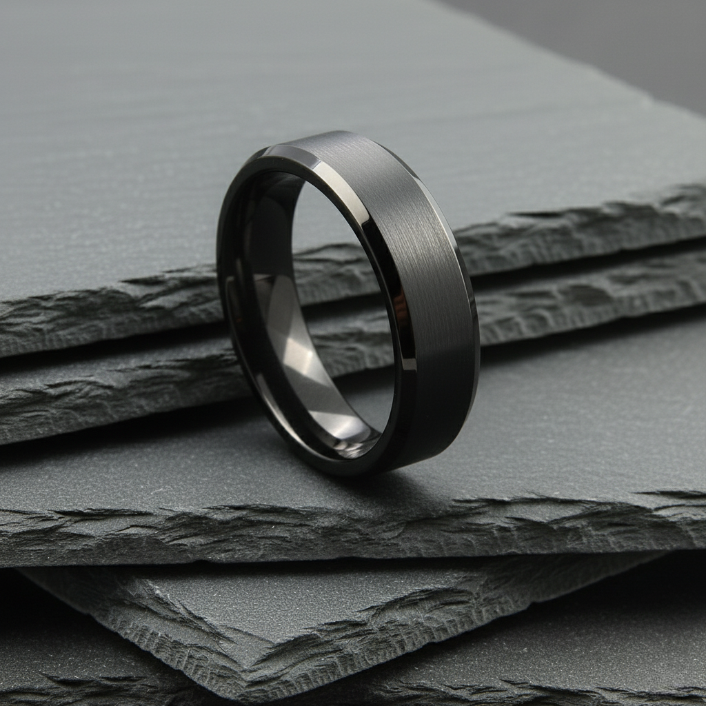 The Perseus - 6mm Brushed Black Tungsten Bevelled Edge Ring