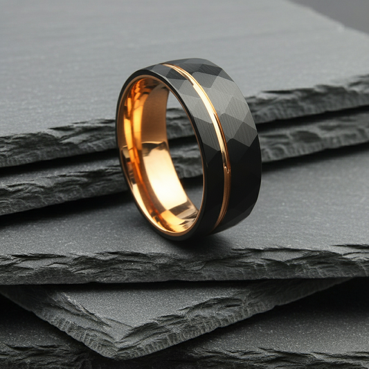 The Scorpius - 8mm Hammered Brushed Black Tungsten & Rose Gold Ring