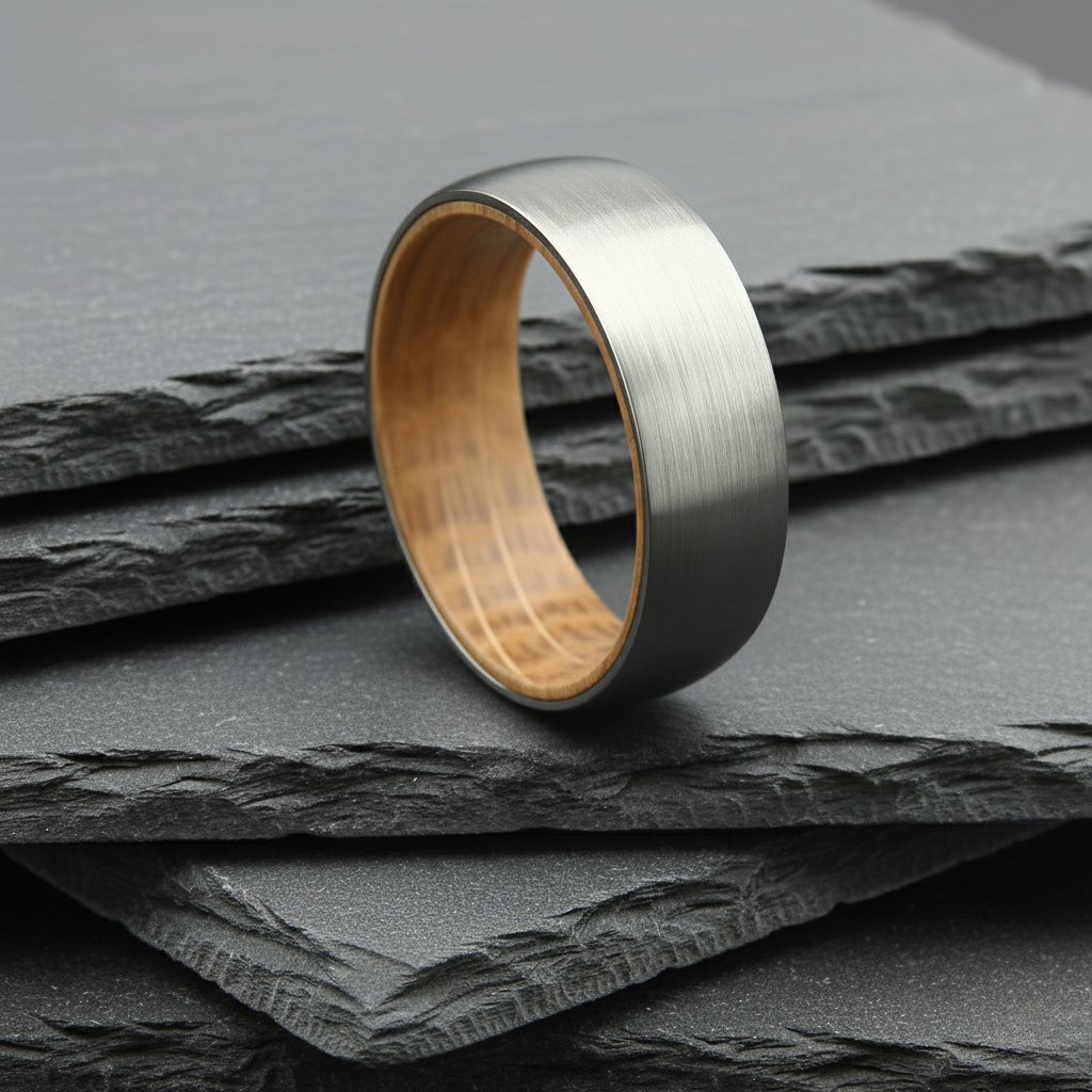 The Taurus - 8mm Brushed Tungsten & Whisky Barrel Wood Ring