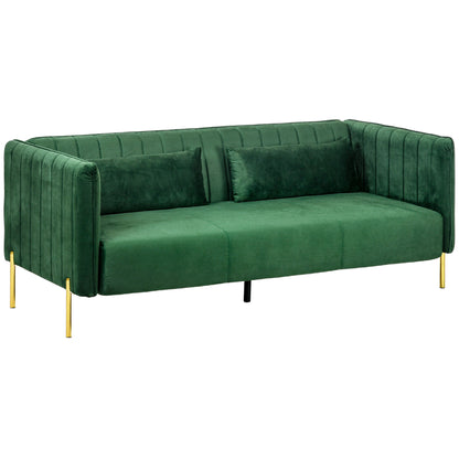 HOMCOM 3 Sitzer Sofa Gästesofa mit 2 Sitzkissen, dreier Couch mit Armlehne, gepolstert Polstersofa mit Samt-Optik, 200 x 88 x 76 cm, Grün   Aosom