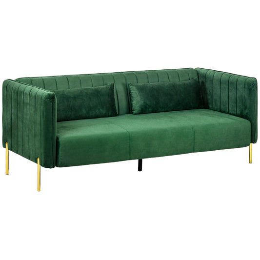 HOMCOM 3 Sitzer Sofa Gästesofa mit 2 Sitzkissen, dreier Couch mit Armlehne, gepolstert Polstersofa mit Samt-Optik, 200 x 88 x 76 cm, Grün   Aosom