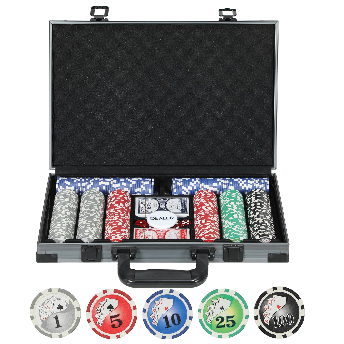 SPORTNOW Pokerkoffer Pokerset, Poker Komplett Set mit 400 Chips, 11,5 Gramm, 2 Kartendecks, 5 Würfeln, Dealer-Scheibe, Spielmatte, Aluminiumkoffer   Aosom