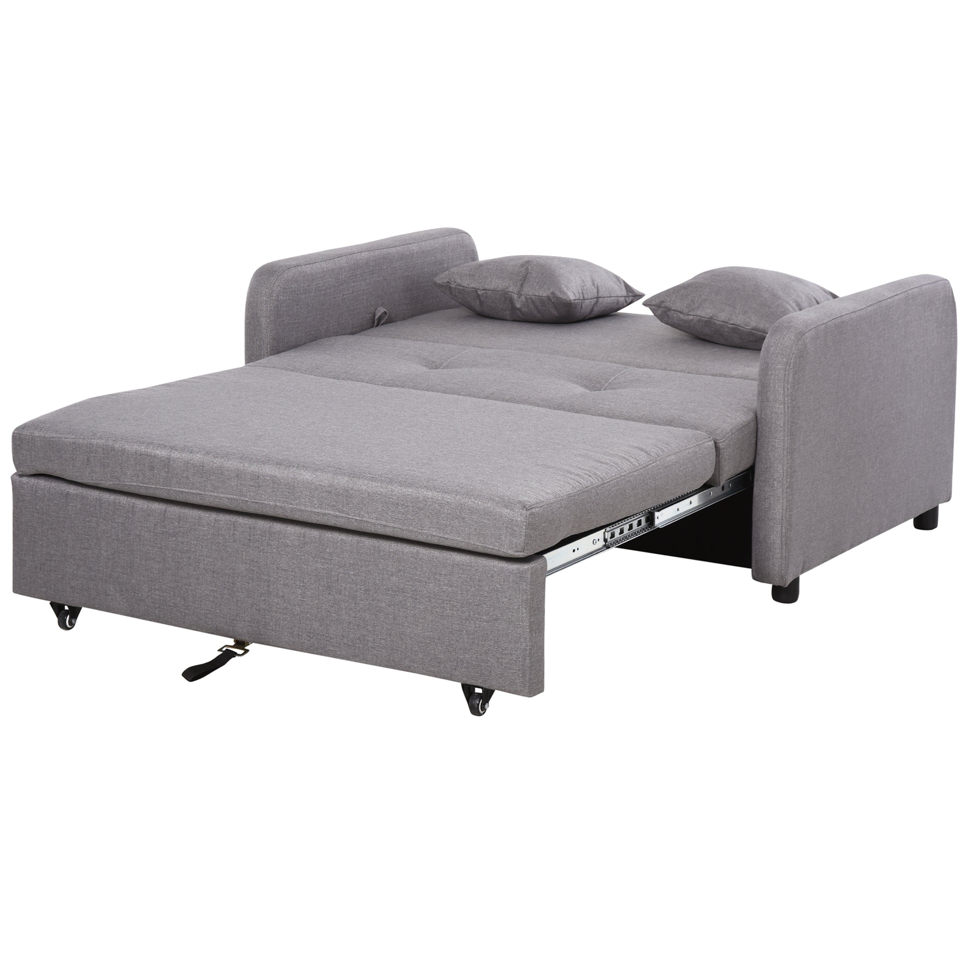 HOMCOM Schlafsofa, Schlafcouch mit Stauraum, Wurfkissen, Armlehne, 2er-Sofa mit Schlaffunktion, Leinenoptik, Gepolstert Couch mit Rollen für Wohnzimmer, Schlafzimmer, Grau   Aosom