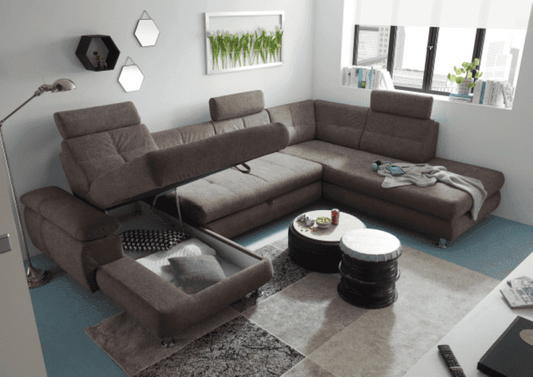 Wohnlandschaft Alba von ED Exciting Design mit Schlaffunktion &amp; Bettkasten – U-Form Sofa aus hochwertigem Brego-Stoff