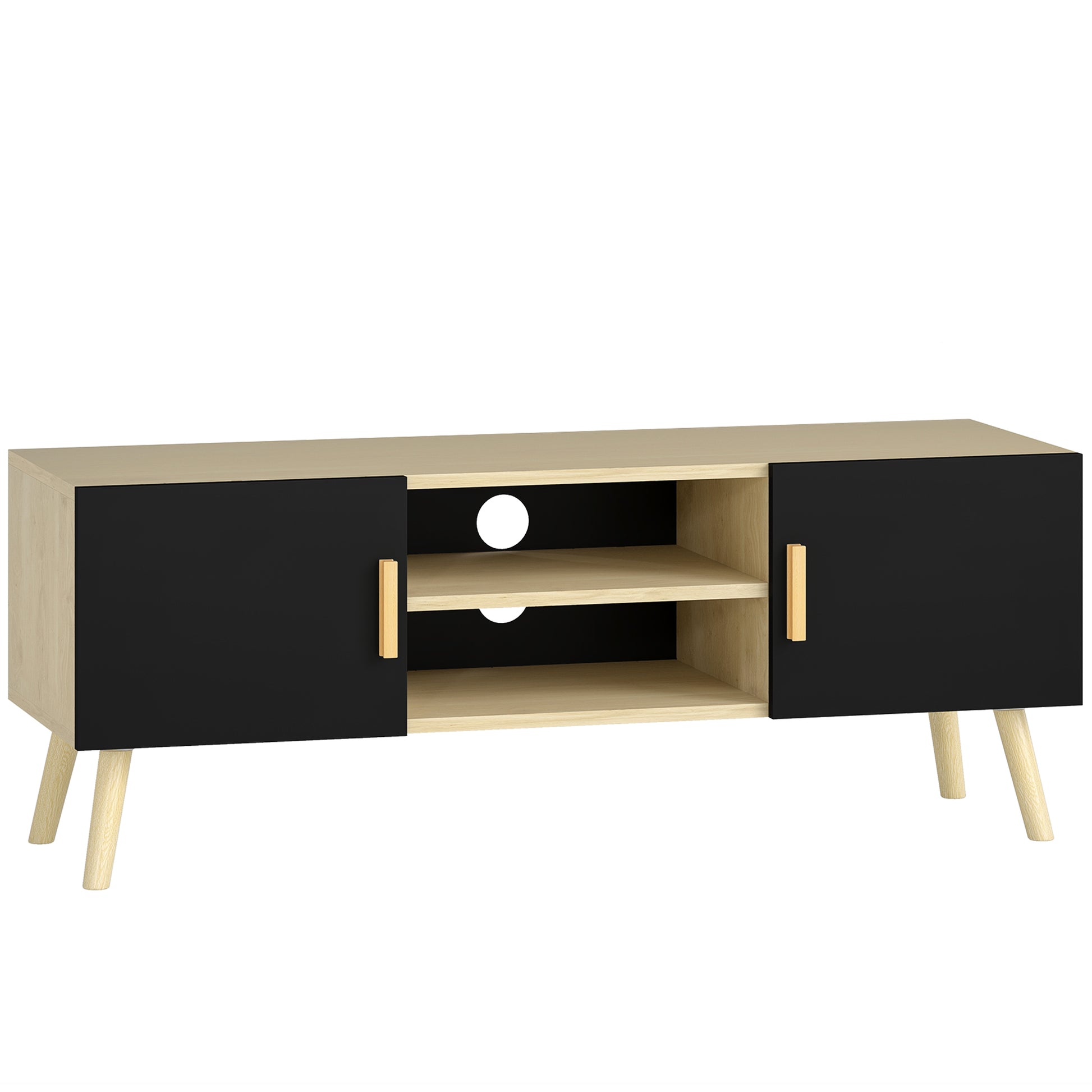 HOMCOM TV-Möbel TV-Bank aus Holz bis zu 127 cm mit Ablagen, 2 Schränken und Kabeldurchlässen für Wohnzimmer, Schlafzimmer, 110 x 36,2 x 42 cm, Eiche und Schwarz   Aosom
