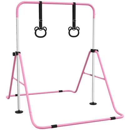 HOMCOM Kinder Gymnastik Turnreck 5-stufige höhenverstellbar Reckstange Reckanlage mit Gymnastikringen für Indoor bis 50 kg belastbar Stahl Rosa   Aosom