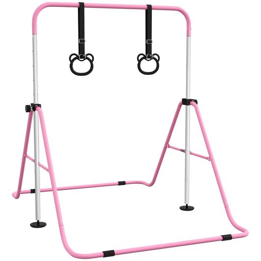 HOMCOM Kinder Gymnastik Turnreck 5-stufige höhenverstellbar Reckstange Reckanlage mit Gymnastikringen für Indoor bis 50 kg belastbar Stahl Rosa   Aosom