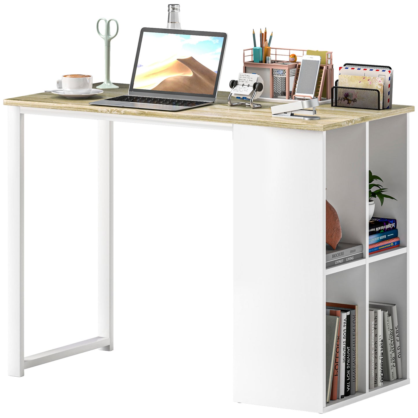 HOMCOM Schreibtisch Computertisch mit Ablagefächern, Moderner Bürotisch mit Stahlgestell, PC Tisch für Home Office, Arbeitszimmer, klein Raum 100 x 54 x 75 cm, Eiche   Aosom