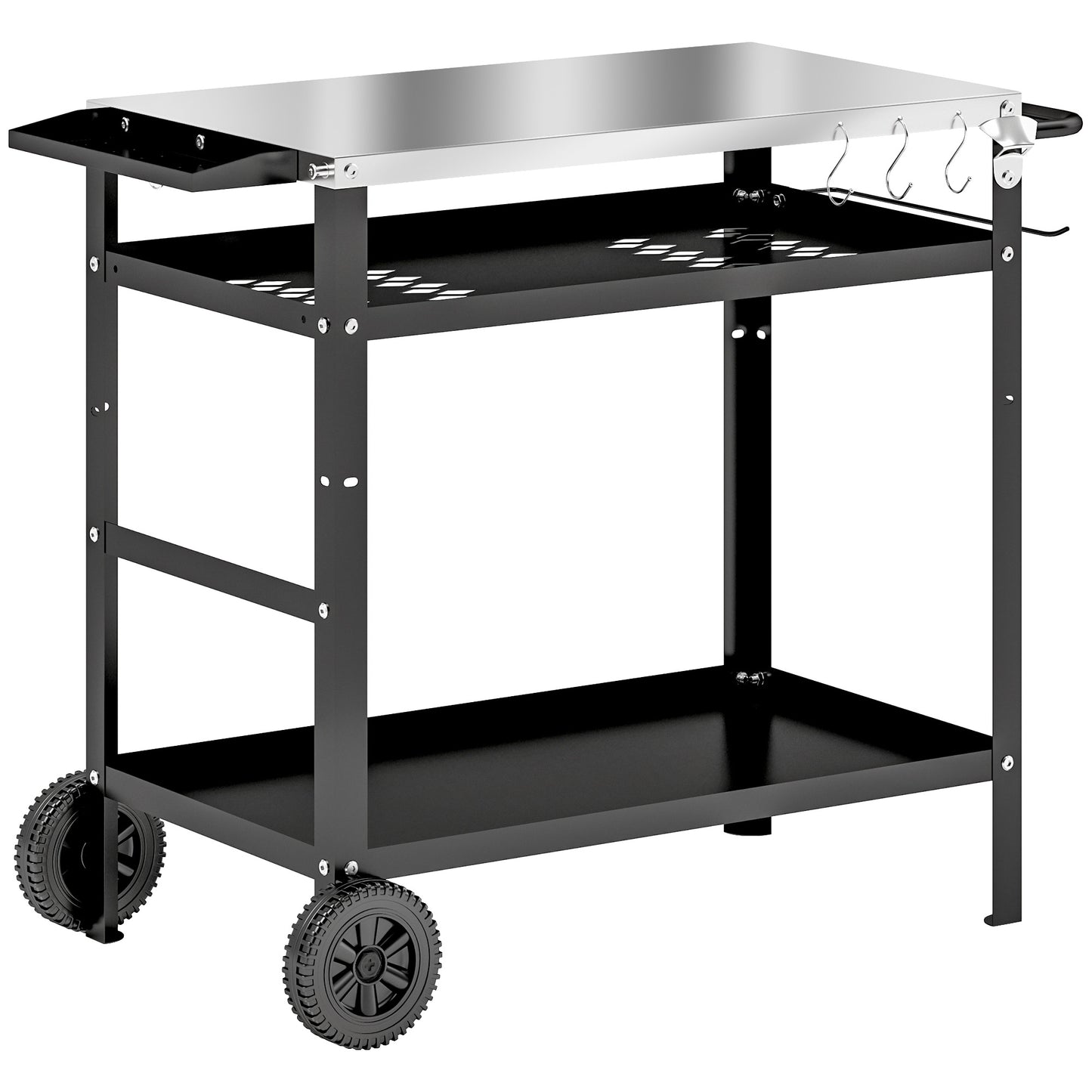 Outsunny Grillwagen 3-Etagen Servierwagen mit Arbeitsfläche Griffe Hülle Räder, höhenverstellbar BBQ Grilltisch Edelstahl, Grill Beistelltisch, Outdoor Rollwagen für Garten Grill 100x52x80cm Schwarz   Aosom