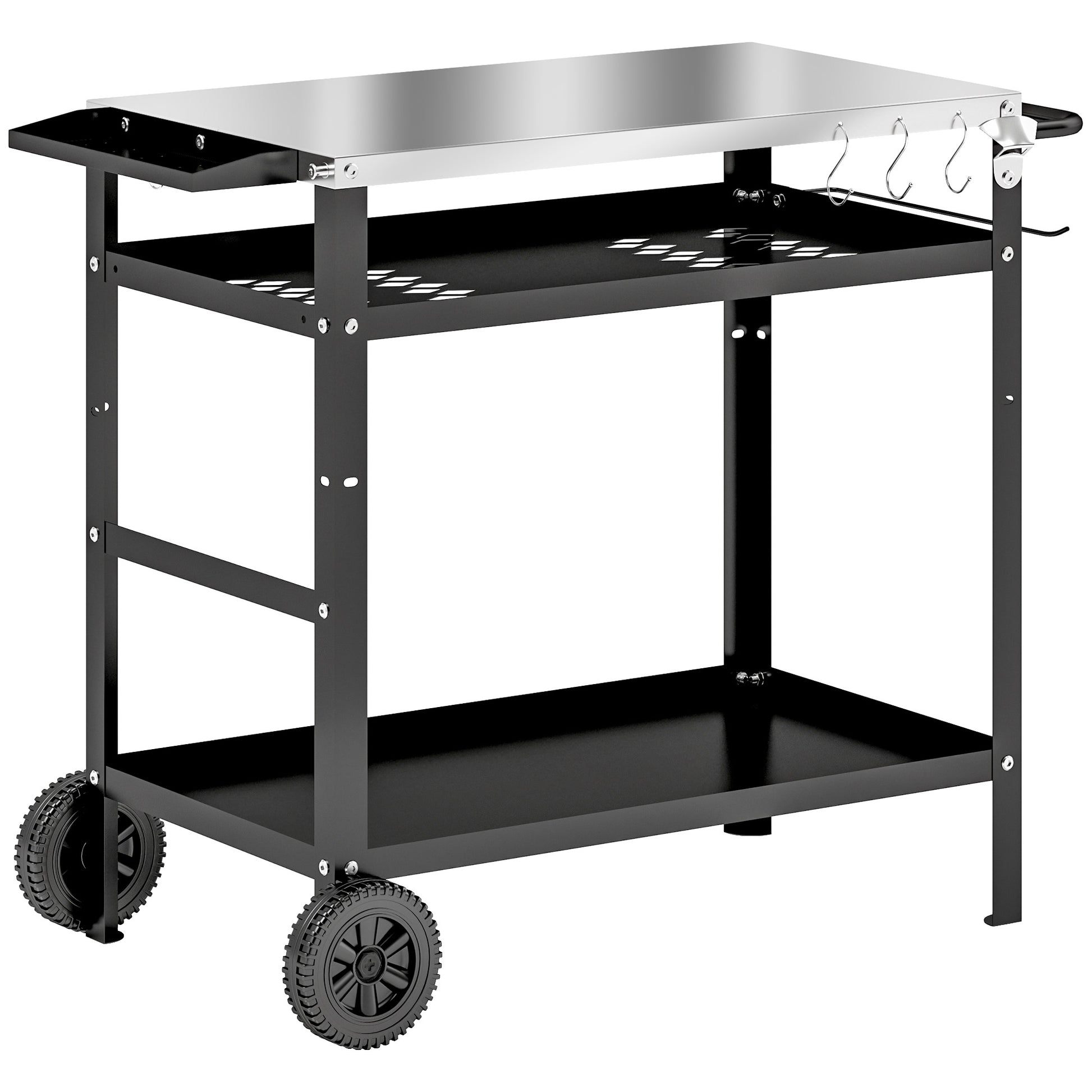 Outsunny Grillwagen 3-Etagen Servierwagen mit Arbeitsfläche Griffe Hülle Räder, höhenverstellbar BBQ Grilltisch Edelstahl, Grill Beistelltisch, Outdoor Rollwagen für Garten Grill 100x52x80cm Schwarz   Aosom