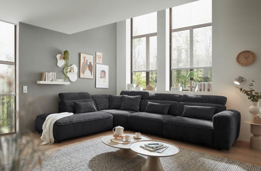 Ecksofa Mansfield Farbe black mit 5-fach verstellbaren Kopflehnen und Mikrofaser-Chenille-Bezug – ED Exciting Design