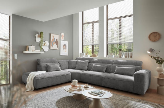 Ecksofa Mansfield Farbe grey mit 5-fach verstellbaren Kopflehnen und Mikrofaser-Chenille-Bezug – ED Exciting Design