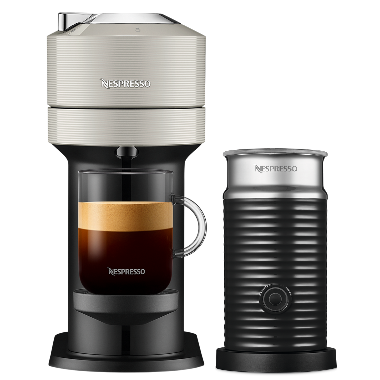 Nespresso VERTUO Next Light Grey & Aeroccino 3 schwarz Vertuo Kaffeemaschine